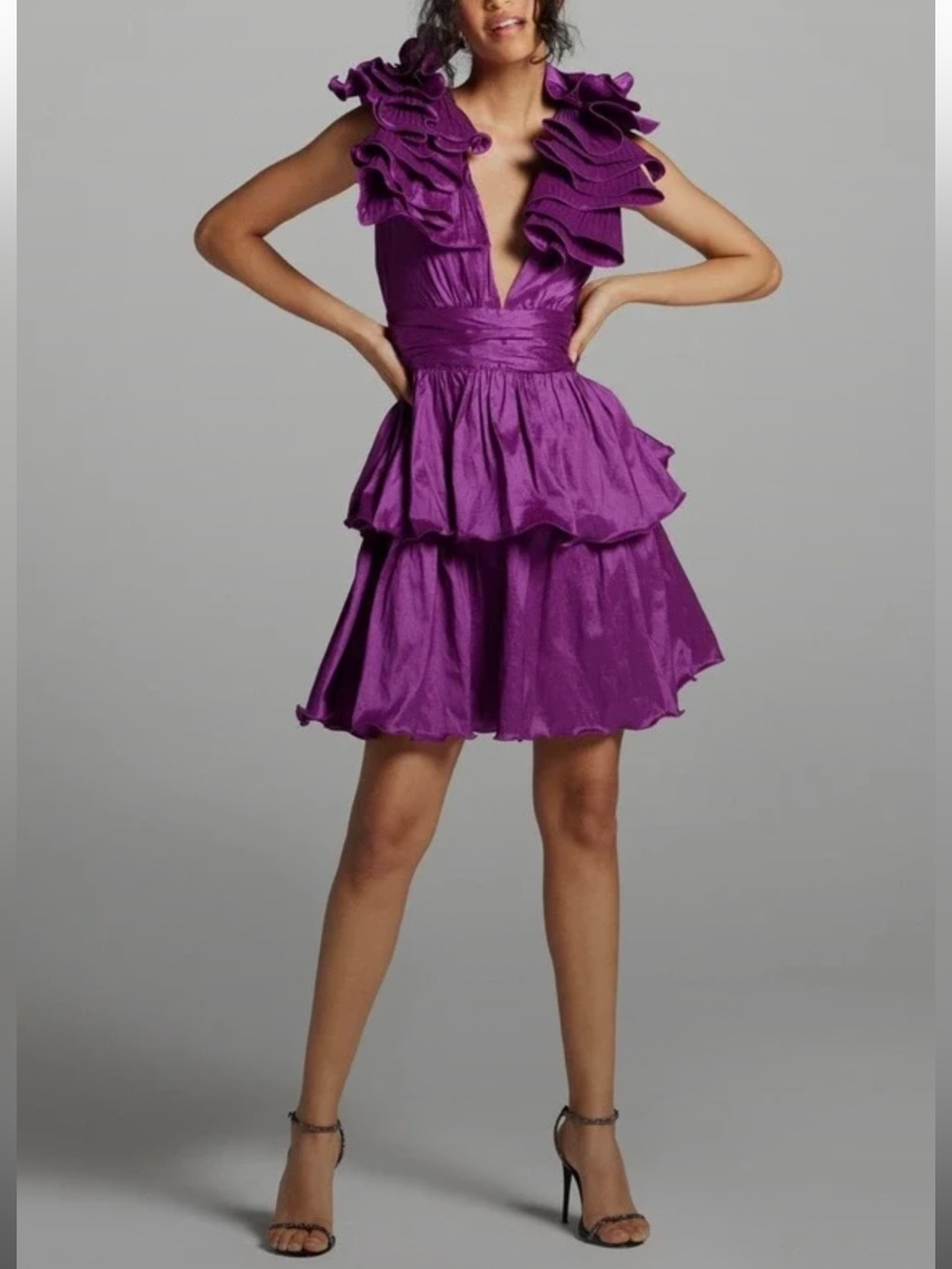 Ruffled Deep-V Mini Dress in Purple